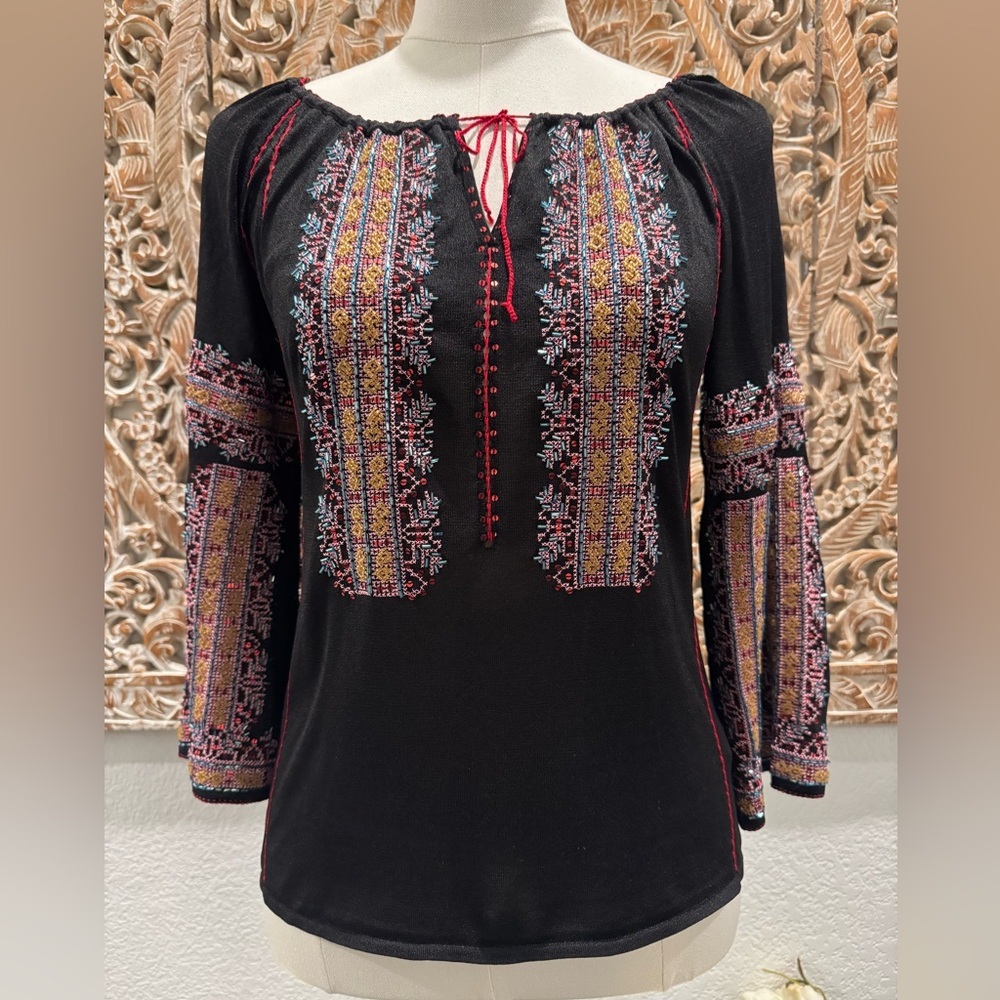 DKNY Beaded & Embroidered Silk Boho Peasant Blouse Festival Top, Flare Sleeves - Picture 2 of 16